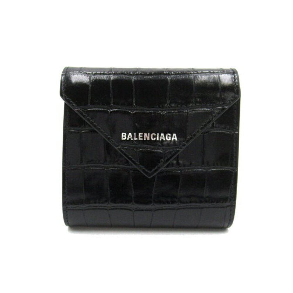 Balenciaga Compact Tri fold Wallet Crocodile Leather Black Wallet